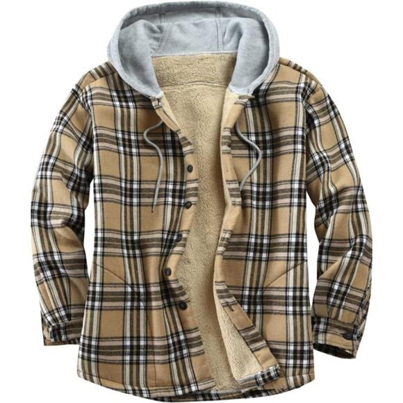 Men's Cotton Plaid Shirts Jacket Fleece Lined Flannel Shirts Sherpa Button Down